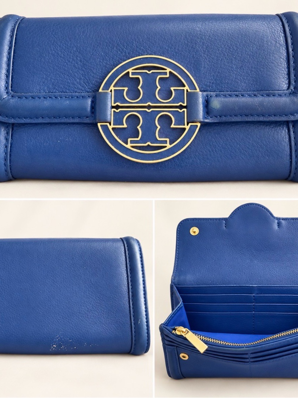 Tory Burch Royal Blue Leather Wallet with Gold Logo